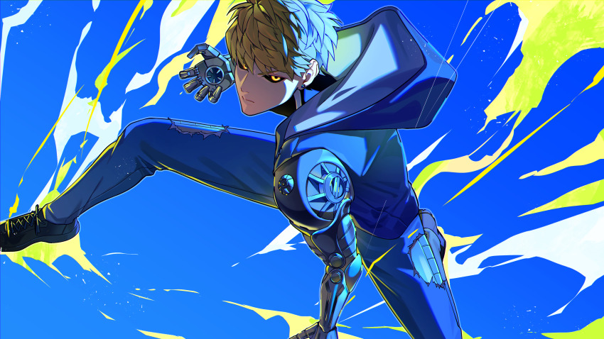 1boy absurdres black_sclera black_shoes blonde_hair blue_jacket blue_pants closed_mouth colored_sclera cyborg earrings genos highres hood hooded_jacket jacket jewelry looking_at_viewer male_focus mechanical_arms nefula14 one-punch_man pants shoes short_hair stud_earrings yellow_eyes