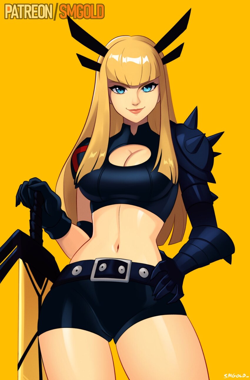 1girl black_pants black_shirt blonde_hair blue_eyes blunt_bangs breasts cleavage cleavage_cutout clothing_cutout cowboy_shot crop_top highres holding holding_sword holding_weapon lips long_hair magik_(x-men) marvel pants shirt simple_background single_shoulder_pad smgold solo spikes sword weapon x-men yellow_background