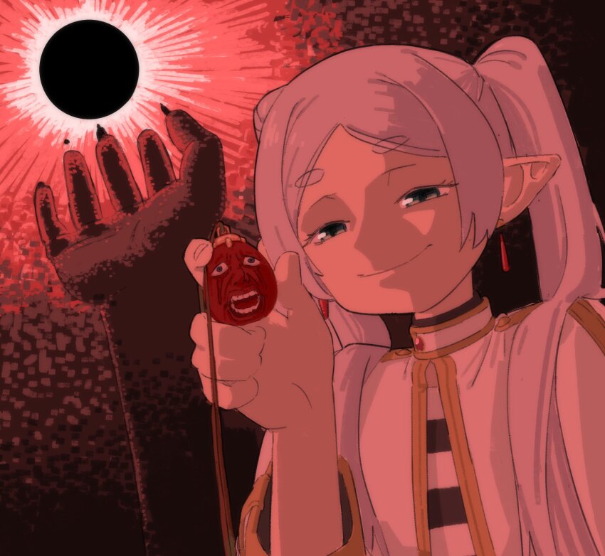 1girl behelit berserk closed_mouth conrad_(berserk) disembodied_hand earrings eclipse frieren fubarmoe green_eyes hand_up highres holding holding_jewelry holding_necklace jewelry long_hair looking_at_viewer necklace pointy_ears short_eyebrows slan_(berserk) smile solo sousou_no_frieren twintails ubik_(berserk) void_(berserk) white_hair