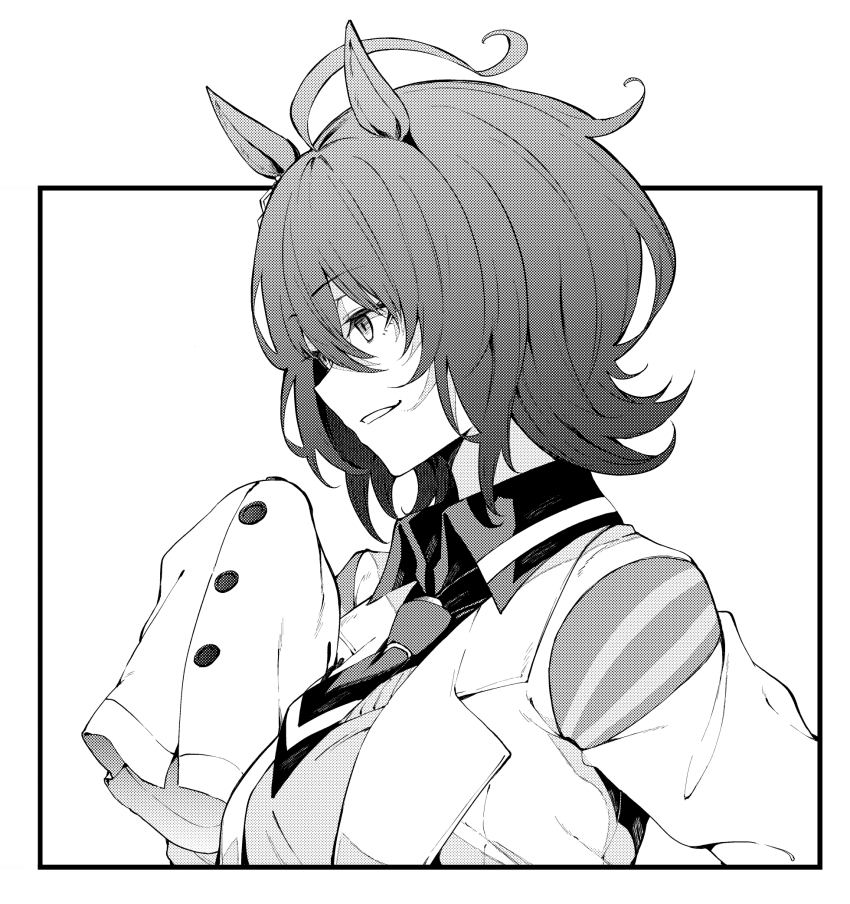1girl agnes_tachyon_(umamusume) ahoge animal_ears greyscale highres horse_ears lab_coat long_sleeves monochrome necktie sleeves_past_fingers sleeves_past_wrists smile solo sweater tsukamoto_minori umamusume