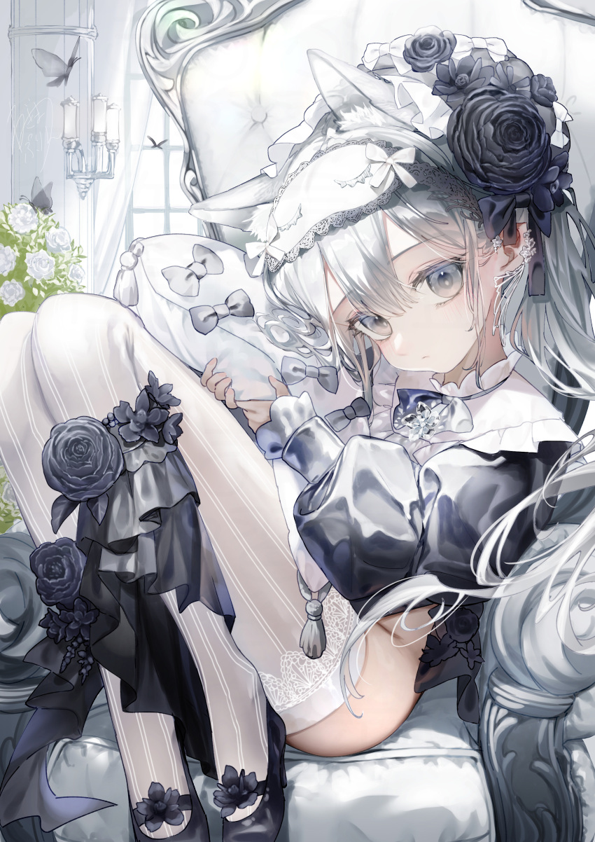 1girl absurdres animal_ear_fluff animal_ears black_flower black_shoes blouse bow bowtie cat_ears closed_mouth commentary_request flower full_body grey_bow grey_bowtie grey_butterfly grey_eyes grey_hair hair_flower hair_ornament highres holding holding_pillow indoors light_blush long_hair long_sleeves looking_at_viewer mask mask_on_head negimapurinn no_panties on_chair original pillow puffy_long_sleeves puffy_sleeves shirt shoes sitting sleep_mask striped_clothes striped_thighhighs thighhighs vertical-striped_clothes vertical-striped_thighhighs white_flower white_thighhighs