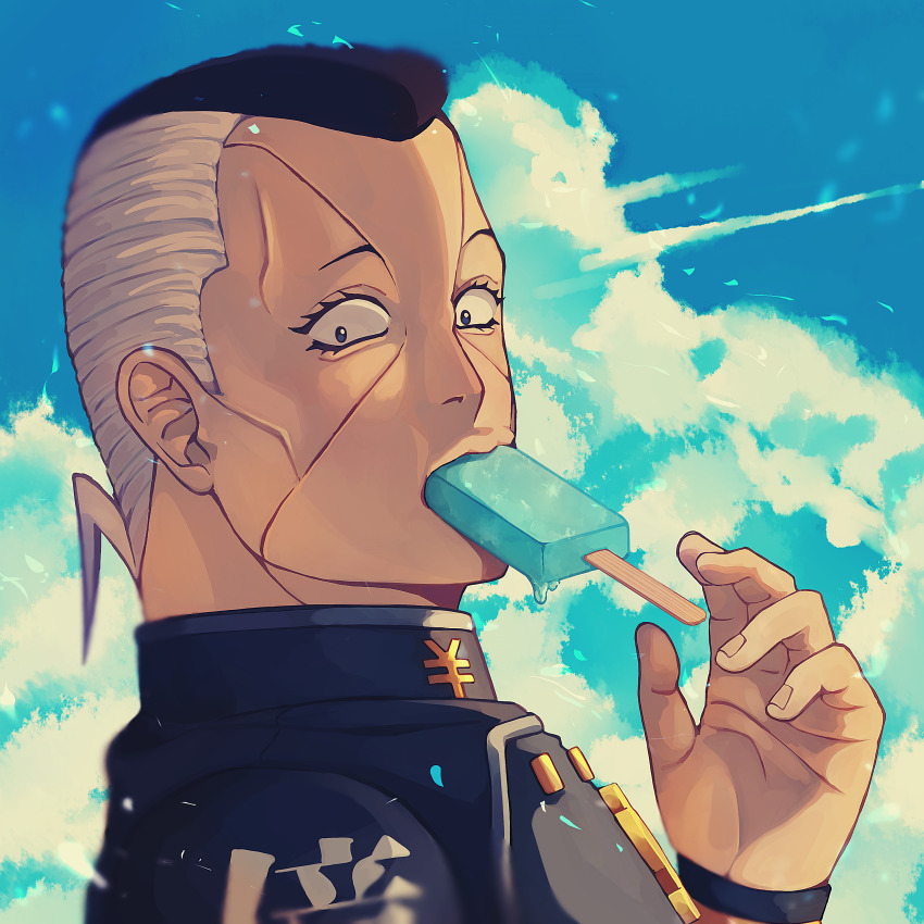 1boy absurdres black_hair cloud diamond_wa_kudakenai facial_mark food gakuran grey_hair highres jojo_no_kimyou_na_bouken looking_at_viewer male_focus mouth_hold multicolored_hair nijimura_okuyasu pompadour popsicle school_uniform siniy sky solo two-tone_hair yen_sign