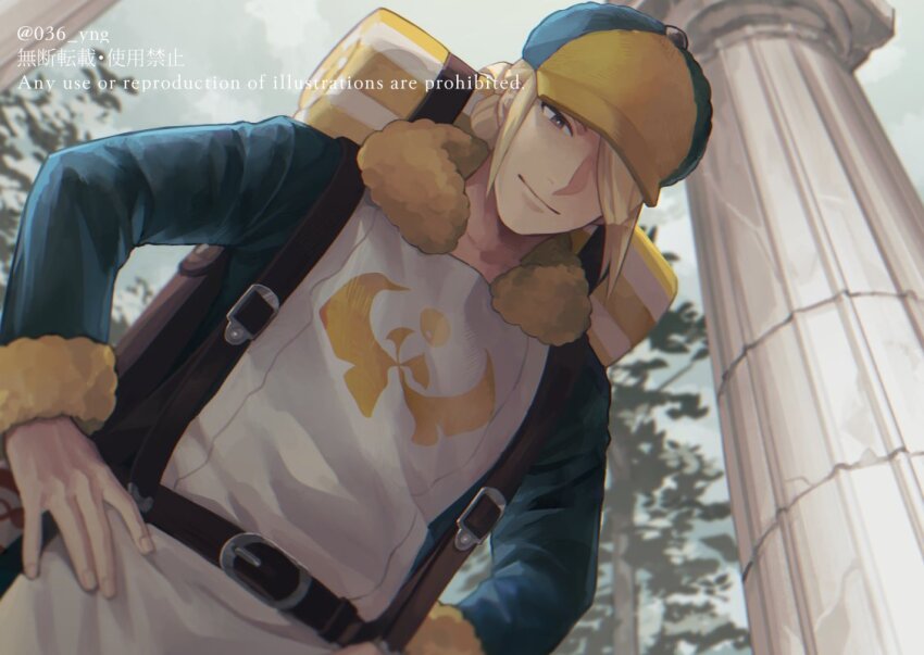 1boy backpack bag belt blonde_hair bright_pupils brown_bag brown_eyes closed_mouth commentary_request day fur-trimmed_jumpsuit fur_trim hair_over_one_eye hands_on_own_hips hat jumpsuit looking_down male_focus nintendo outdoors pillar pokemon pokemon_legends:_arceus sky solo twitter_username volo_(pokemon) watermark white_pupils y_(036_yng)