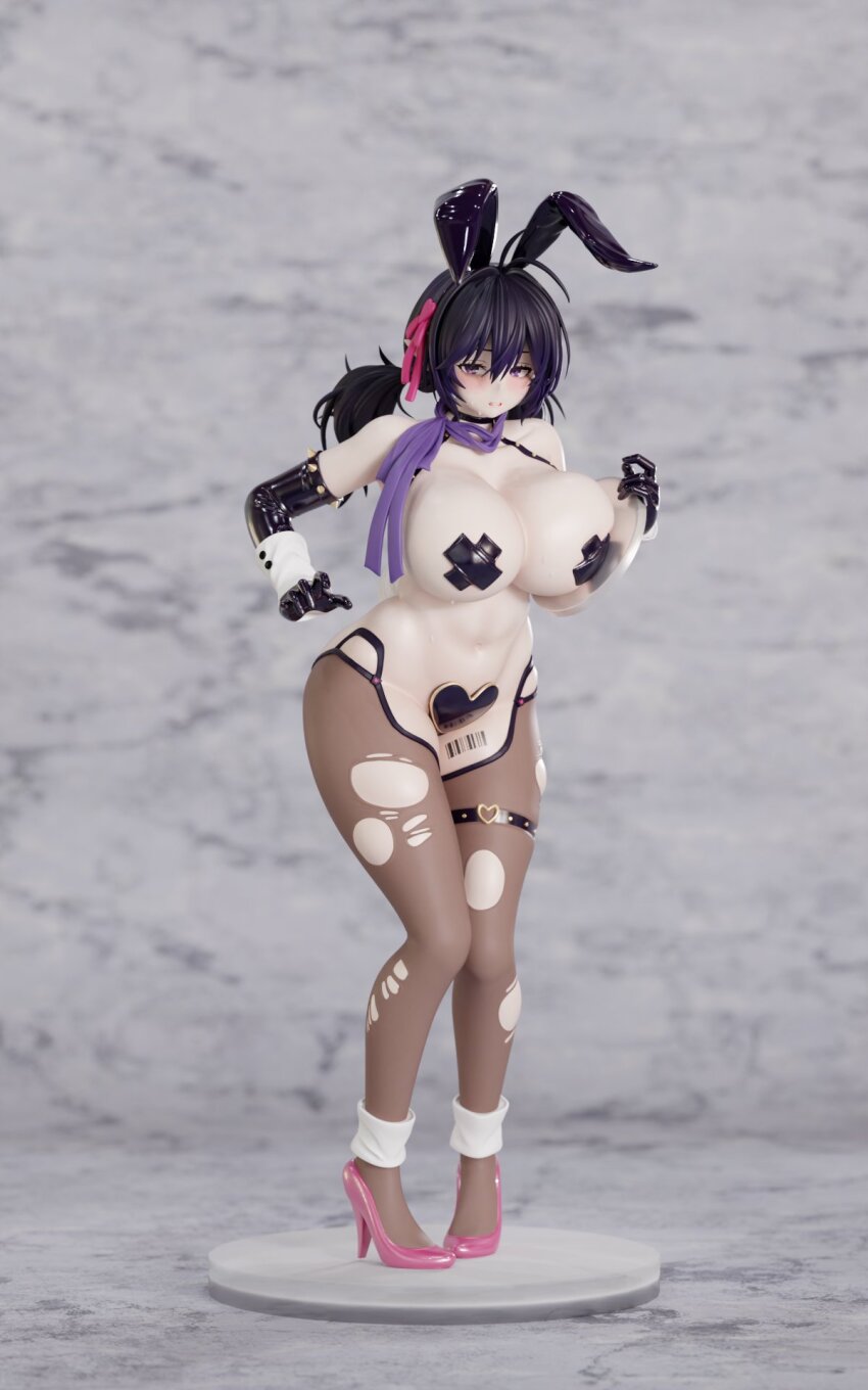 1girl 3d animal_ears barcode barcode_tattoo black_gloves blush breasts breasts_squeezed_together brown_dust_(series) brown_dust_2 cleavage cross cross_pasties elbow_gloves fake_animal_ears figure full_body gloves hair_between_eyes heart_maebari high_heels highres holding holding_tray huge_breasts illlrabbit large_variant_set latex latex_gloves leg_tattoo loen_(brown_dust_2) loen_(celebrity_bunny)_(brown_dust_2) looking_at_viewer maebari navel pantyhose pasties pink_shoes purple_eyes purple_hair rabbit_ears shoes short_twintails solo stiletto_heels stomach tattoo thigh_strap torn_clothes torn_pantyhose tray twintails variant_set