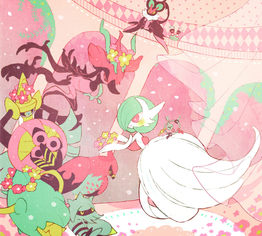 aegislash arcade_(architecture) arch binacle bird bob_cut clawitzer colored_skin dragalge dragon dress flower flower_wreath gardevoir gen_3_pokemon gen_6_pokemon green_hair holding holding_shield kappaman klefki mega_gardevoir mega_pokemon nintendo noivern pink_background pink_eyes pokemon pokemon_(creature) shield smile sword talonflame weapon white_dress white_skin yellow_eyes