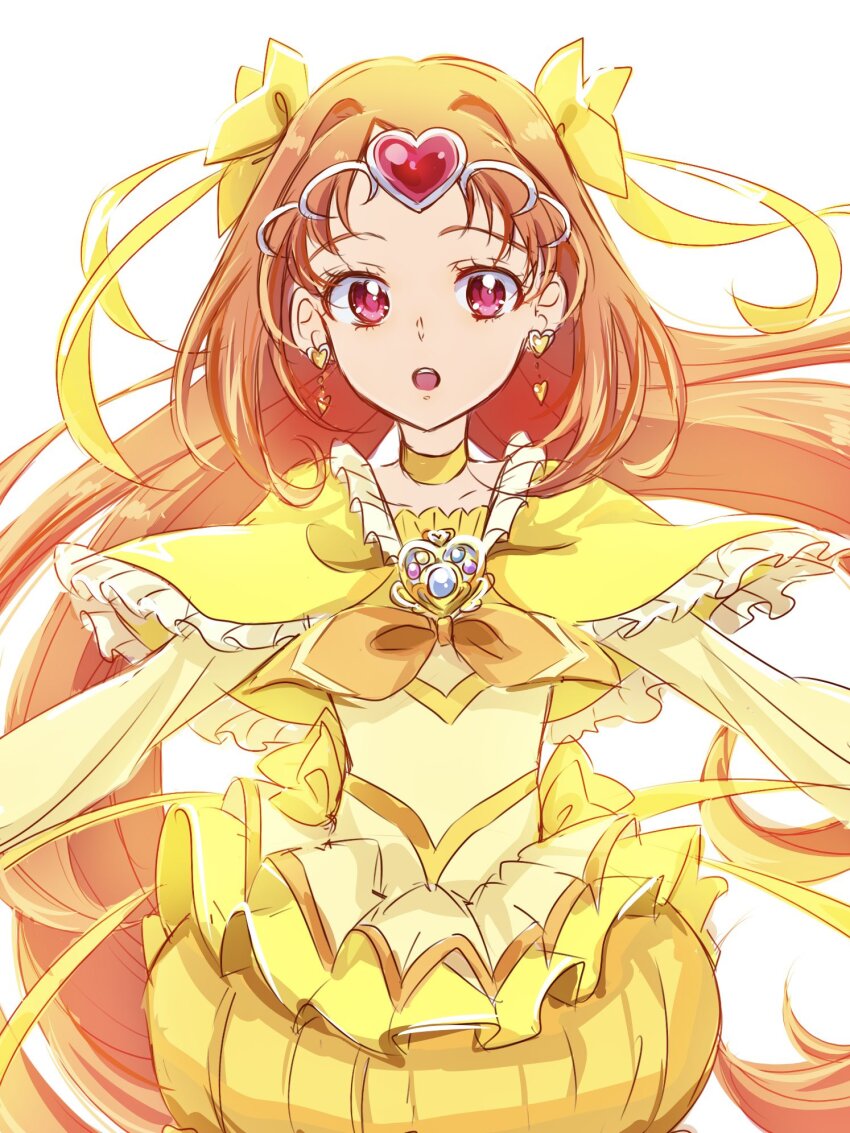 1girl bow brooch bubble_skirt capelet choker circlet cowboy_shot cure_muse_(yellow) earrings fpminnie1 frills hair_ribbon heart heart_brooch highres jewelry long_hair long_sleeves magical_girl open_mouth orange_hair precure red_eyes ribbon shirabe_ako skirt smile solo suite_precure white_background yellow_bow yellow_choker yellow_skirt