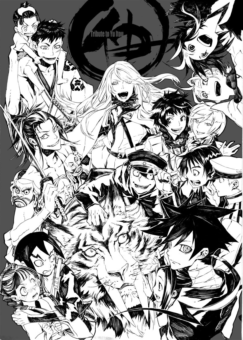 6+boys 6+girls ahoge braid carrying character_request chihaya_(koukoku_no_shugosha) copyright_request creator_connection greyscale hat highres holding holding_sword holding_weapon itou_yuu japanese_clothes julia_werner_tsaritsyno_roshchina katana koukoku_no_shugosha military military_uniform miwa_shirow monochrome multiple_boys multiple_girls peaked_cap petting ponytail ringed_eyes shinjou_naoe shoulder_carry shut_hell shut_hell_(character) spiked_hair swept_bangs sword tagme twin_braids v-shaped_eyebrows weapon