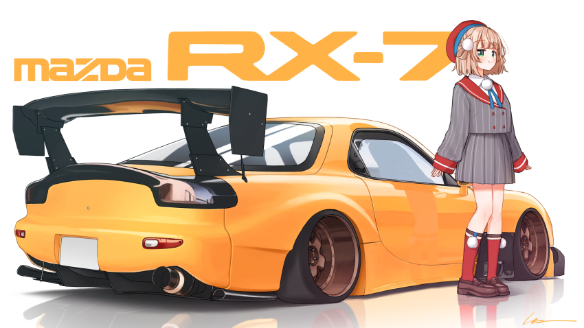 1girl beret blush brown_hair brown_shoes car green_eyes grey_jacket grey_skirt hair_rings hat highres indie_virtual_youtuber jacket long_sleeves looking_at_viewer mazda_rx-7 mazda_rx-7_fd motor_vehicle open_hands pleated_skirt red_hat red_socks reflection shadow shigure_ui_(vtuber) shoes short_hair signature simana skirt sleeves_past_fingers sleeves_past_wrists smile socks stance_(vehicle) vehicle_focus vehicle_name virtual_youtuber white_background