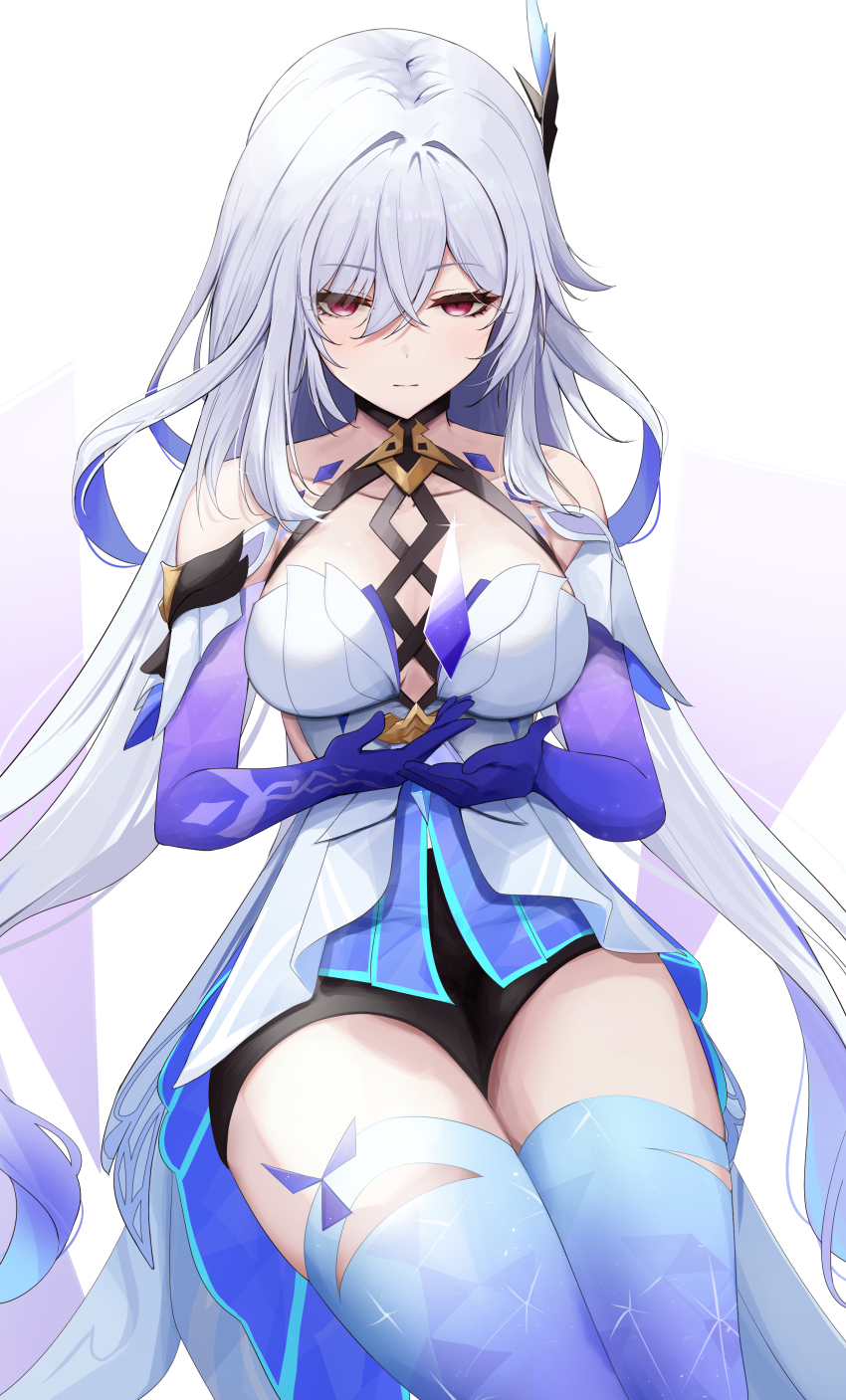 +_+ 1girl absurdres bare_shoulders between_breasts breasts collarbone colored_inner_hair commentary crossed_bangs crystal_shards dress expressionless genshin_impact hair_between_eyes hair_ornament halter_dress halterneck highres kunizaki large_breasts long_hair looking_at_viewer multicolored_hair object_floating_above_hand own_hands_together prosthesis prosthetic_arm prosthetic_leg red_eyes short_dress sidelocks sitting skirk_(genshin_impact) solo symbol-shaped_pupils thighs very_long_hair white_background white_dress white_hair