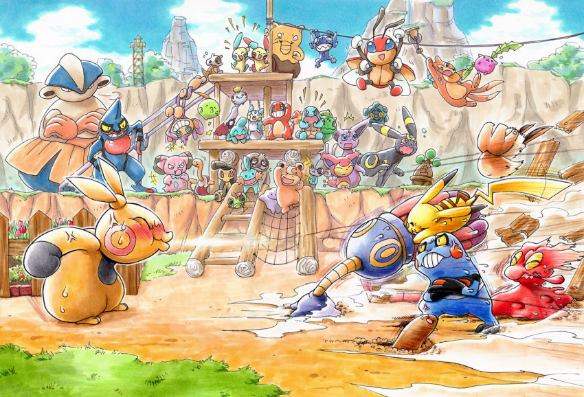 aipom alternate_color bonsly bronzor buizel bulbasaur caterpie charmander cheering chimecho cradily creatures_(company) croagunk cubone day diglett ditto drowzee eevee espeon game_freak gen_1_pokemon gen_2_pokemon gen_3_pokemon gen_4_pokemon grass gulpin hariyama hoppip ledian ledyba lileep makuhita mawile meditite minun mountain mudkip natu nature nintendo no_humans pachirisu pikachu playing plusle pokemon pokemon_(creature) sableye shiny_pokemon shuckle skitty sky slakoth slugma snubbull squirtle starter_pokemon_trio teddiursa toxicroak umbreon wataametulip wynaut