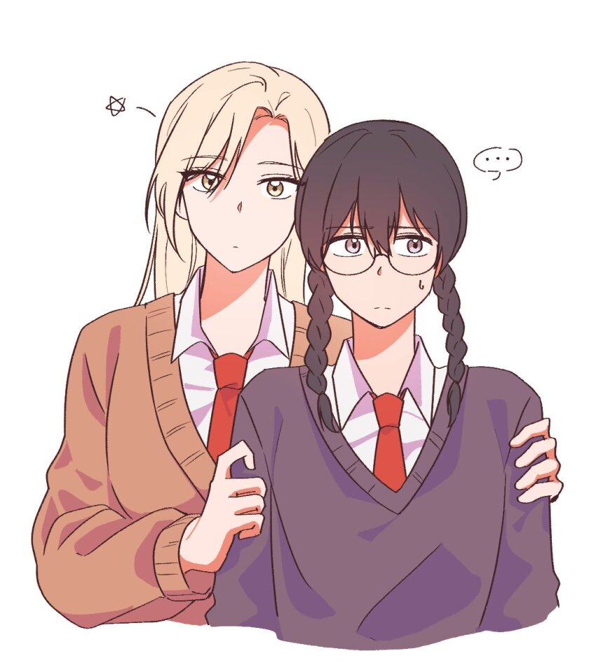 ... 2girls black_hair black_sweater blonde_hair braid brown_sweater closed_mouth collared_shirt commentary_request cropped_torso dress_shirt embarrassed glasses hair_between_eyes hands_on_another&#039;s_arms highres korean_commentary kurume_makoto long_hair long_sleeves looking_at_viewer multiple_girls murashige_yuzuki necktie parted_bangs red_necktie round_eyewear school_uniform semi-rimless_eyewear shirt simple_background skip_to_loafer small_sweatdrop spoken_ellipsis star_(symbol) straight-on sweater tsubame_nishi_high_school_uniform twin_braids white_background white_shirt yabooo_2000 yellow_eyes