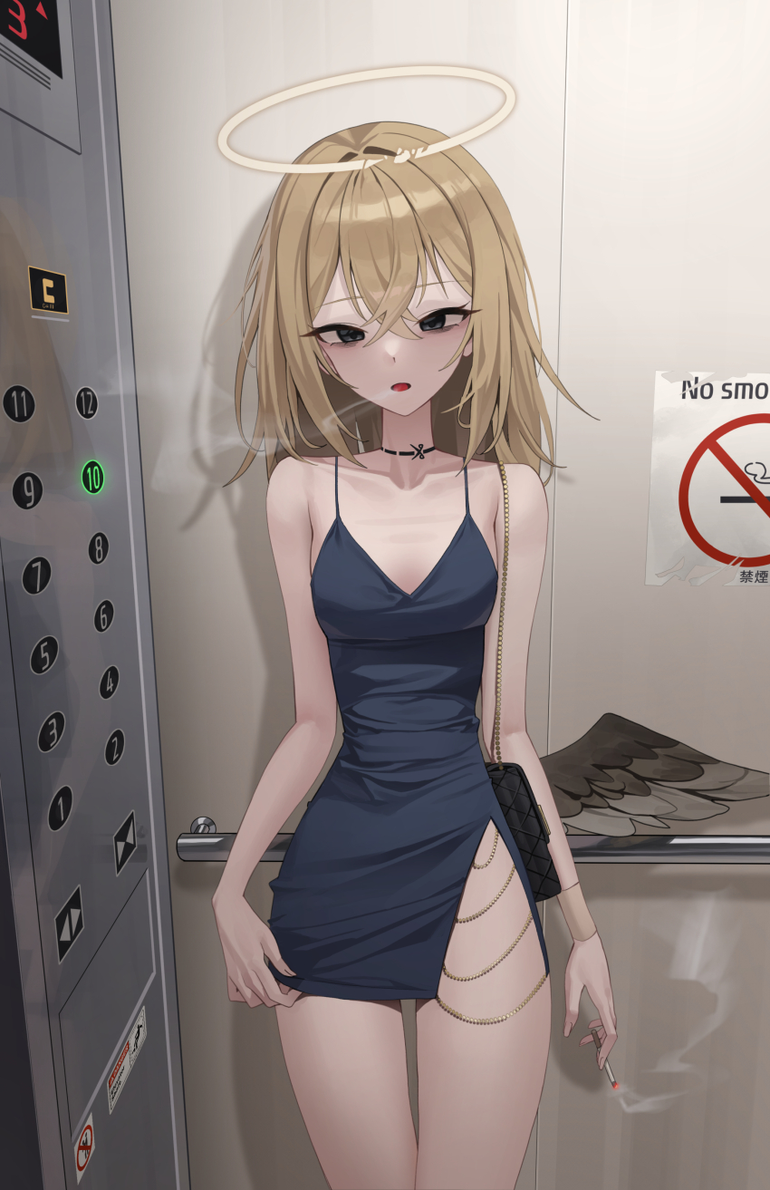 1girl absurdres black_dress black_eyes blonde_hair breasts broken_halo cigarette dress elevator fallen_angel hair_between_eyes halo highres holding holding_cigarette long_hair low_wings mansu_(user_pnmp4287) neck_tattoo open_mouth original single_wing small_breasts solo tattoo wings