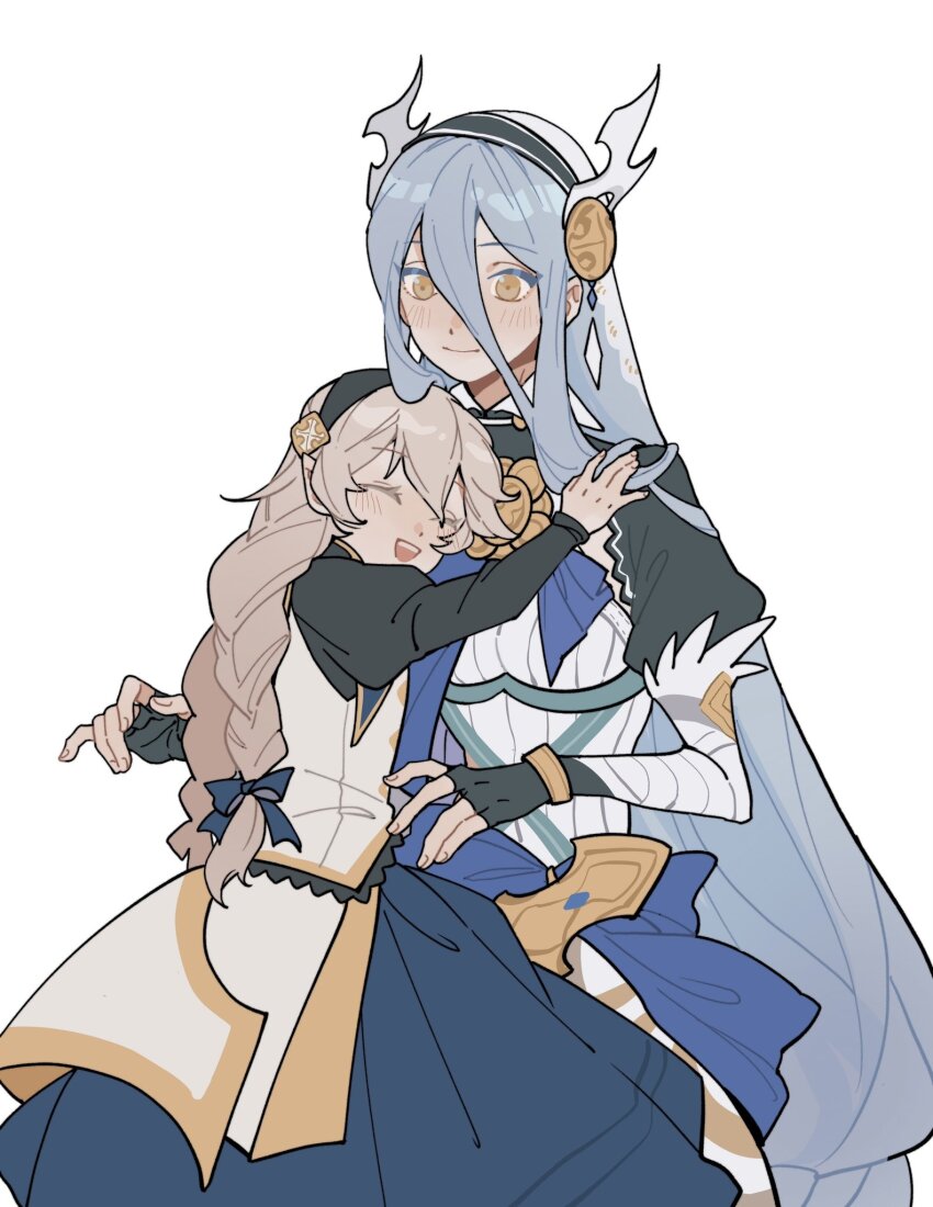 2girls aged_down azura_(fire_emblem) azura_(song&#039;s_reflection)_(fire_emblem) black_gloves black_hairband blue_hair blush braid closed_eyes closed_mouth female_corrin_(fire_emblem) female_corrin_(young_kinship)_(fire_emblem) fingerless_gloves fire_emblem fire_emblem_fates fire_emblem_heroes gloves grey_hair hair_between_eyes hairband highres hug julianlynnnn long_hair multiple_girls nintendo official_alternate_costume simple_background twin_braids very_long_hair white_background yellow_eyes