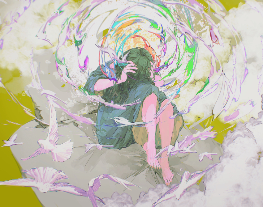 1girl absurdres animal barefoot bird blanket blue_dress cloud covered_face dove dress feet hands_on_own_head highres knees_up long_hair original ringein sitting solo too_many too_many_birds