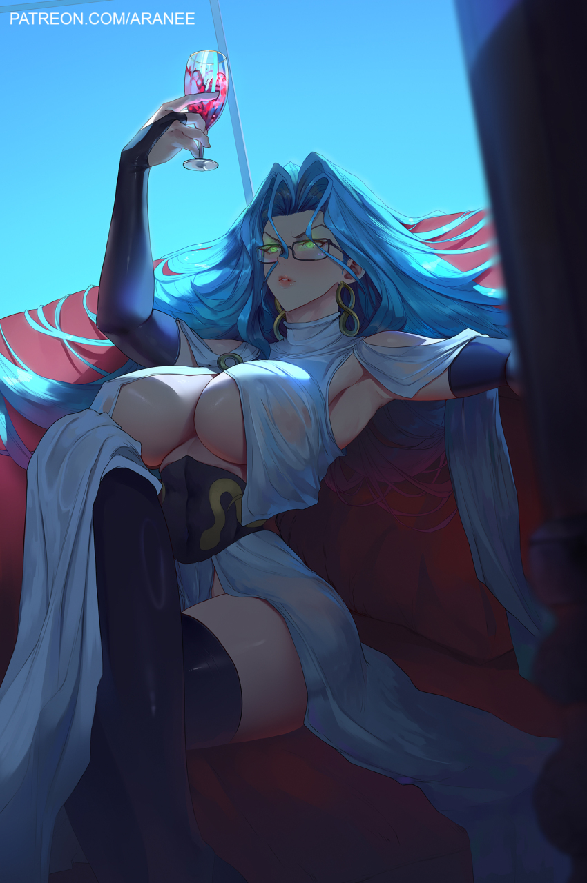 1girl araneesama black_thighhighs breasts crossed_legs earrings elbow_gloves female_focus glasses gloves holding_wine_glass jewelry large_breasts one-punch_man psychic psykos tagme thighhighs thighs