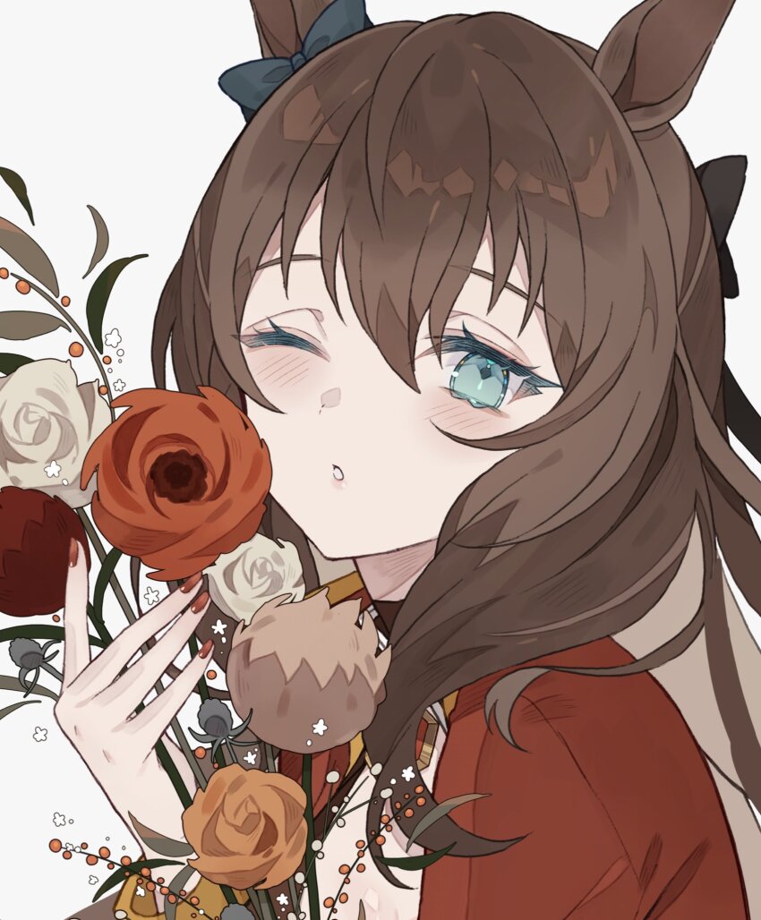 1girl bad_id bad_twitter_id blue_bow blue_eyes bow brown_hair ear_bow fingernails flower highres holding long_hair looking_at_viewer nail_polish one_eye_closed parted_lips red_nails satsuki_(miicat) simple_background solo umamusume upper_body white_background
