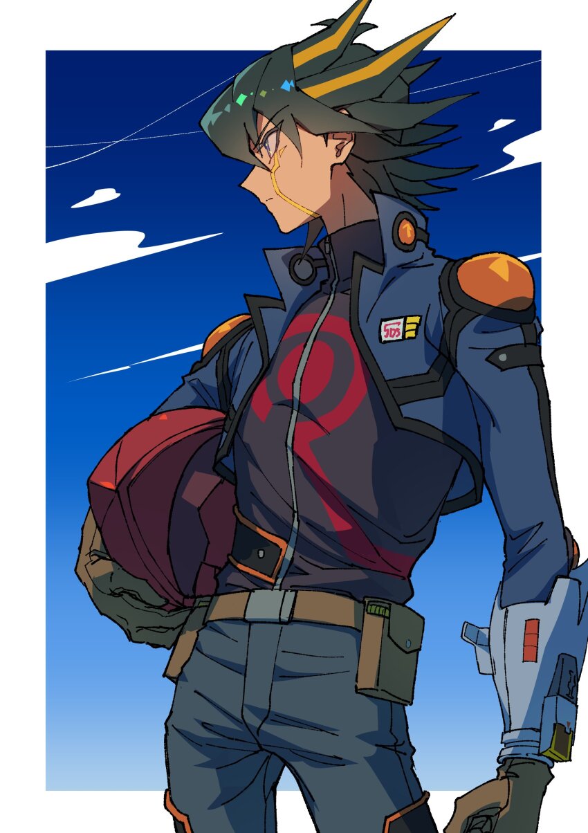 1boy absurdres black_hair black_shirt blonde_hair blue_jacket border cowboy_shot cropped_jacket fudo_yusei helmet highres holding holding_helmet jacket male_focus medium_hair multicolored_hair shirt solo spiked_hair two-tone_hair white_border youko-shima yu-gi-oh! yu-gi-oh!_5d&#039;s