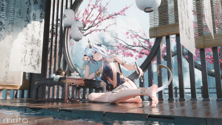 1girl artist_name bare_shoulders barefoot blue_dress branch breast_curtains breasts cherry_blossoms china_dress chinese_clothes cup day dress elbow_on_table gold_armlet gold_trim grey_eyes hair_between_eyes hair_ornament hanging_scroll highres holding holding_cup holding_paintbrush ji_chenxing_-_ethereal_cloud ji_chenxing_-_ethereal_cloud_(inkstroke_dragoness) kettle lantern long_hair looking_at_viewer lying medium_breasts mr_ito on_side paintbrush paper_lantern railing revealing_clothes round_window scroll snowbreak:_containment_zone soles solo sunlight table tail tassel thighs toes tree vase water white_hair window wooden_floor wooden_railing wooden_table