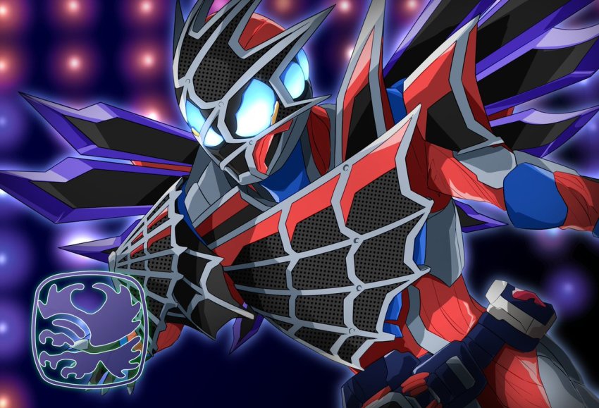1boy armor asymmetrical_armor condor condor_genome dark_foreground glowing kamen_rider kamen_rider_demons kamen_rider_revice male_focus miyabi_(037) outstretched_arms purple_wings silk spider_web spider_web_print spread_arms tokusatsu vistamp wings