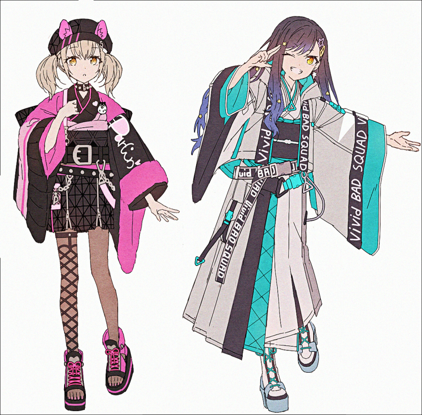2girls :o adapted_costume animal_ear_fluff animal_ears animal_hat awakening_beat_(project_sekai) azusawa_kohane black_hat black_kimono blue_hair boots brown_eyes brown_hair brown_pantyhose fake_animal_ears fishnet_thighhighs fishnets gradient_hair grey_background grey_jacket grin hair_ornament hairclip hakusai_(tiahszld) hand_up hat itsuka_senaka_awase_no_lyric_wo_(project_sekai) jacket japanese_clothes kimono long_hair long_sleeves looking_at_viewer multicolored_hair multicolored_hat multiple_girls obi one_eye_closed open-toe_boots orange_eyes pantyhose parted_lips pink_shoes project_sekai revision sash shiraishi_an shoes simple_background single_fishnet_legwear smile standing standing_on_one_leg star_(symbol) star_hair_ornament thighhighs thighhighs_over_pantyhose twintails very_long_hair white_kimono wide_sleeves