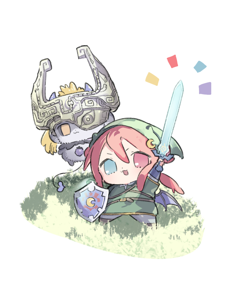 1girl 1other :3 black_sclera blue_eyes brown_footwear chibi colored_sclera cosplay crescent crescent_hair_ornament debidebi_debiru demon demon_horns demon_tail demon_wings dot_nose grass green_hat green_tunic grey_pants hair_ornament hat heterochromia highres holding holding_shield holding_sword holding_weapon horns link link_(cosplay) master_sword midna midna_(cosplay) nijisanji nintendo no_pupils oshake pants red_eyes shield sword tail the_legend_of_zelda the_legend_of_zelda:_twilight_princess tunic virtual_youtuber weapon wings yellow_eyes yuzuki_roa