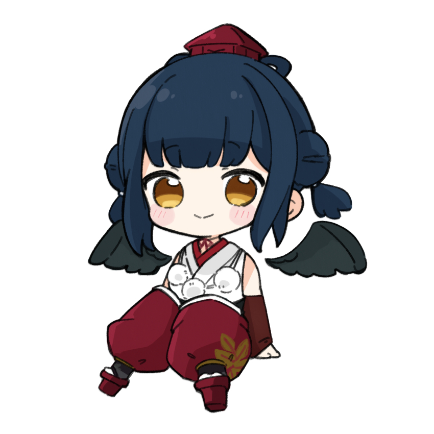 1girl black_hair black_wings blush_stickers brown_eyes brown_sleeves chibi closed_mouth commentary detached_pants detached_sleeves detached_wings double_bun geta hair_bun hat highres japanese_clothes kimono long_sleeves looking_at_viewer mini_hat nijisanji nozo_(hitomiz) pants puffy_pants red_hat red_pants red_sandals sandals simple_background sleeveless sleeveless_kimono sleeves_past_wrists smile socks solo tabi tengu-geta tokin_hat twintails virtual_youtuber white_background white_kimono white_socks wings yamagami_karuta yamagami_karuta_(1st_costume)