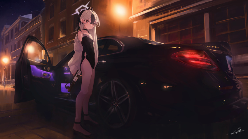 1girl absurdres black_choker black_dress black_hair black_horns blue_archive breasts building car car_interior choker city commentary demon_horns dress english_commentary grey_halo grey_jacket gun h&amp;k_p30 hair_between_eyes halo handgun highres horns jacket kayoko_(blue_archive) kayoko_(dress)_(blue_archive) lamppost long_hair looking_at_viewer mercedes-benz mercedes-benz_amg_gt motor_vehicle multicolored_hair nougat_(no_9ada) official_alternate_costume outdoors red_eyes road signature solo vehicle_focus weapon white_hair