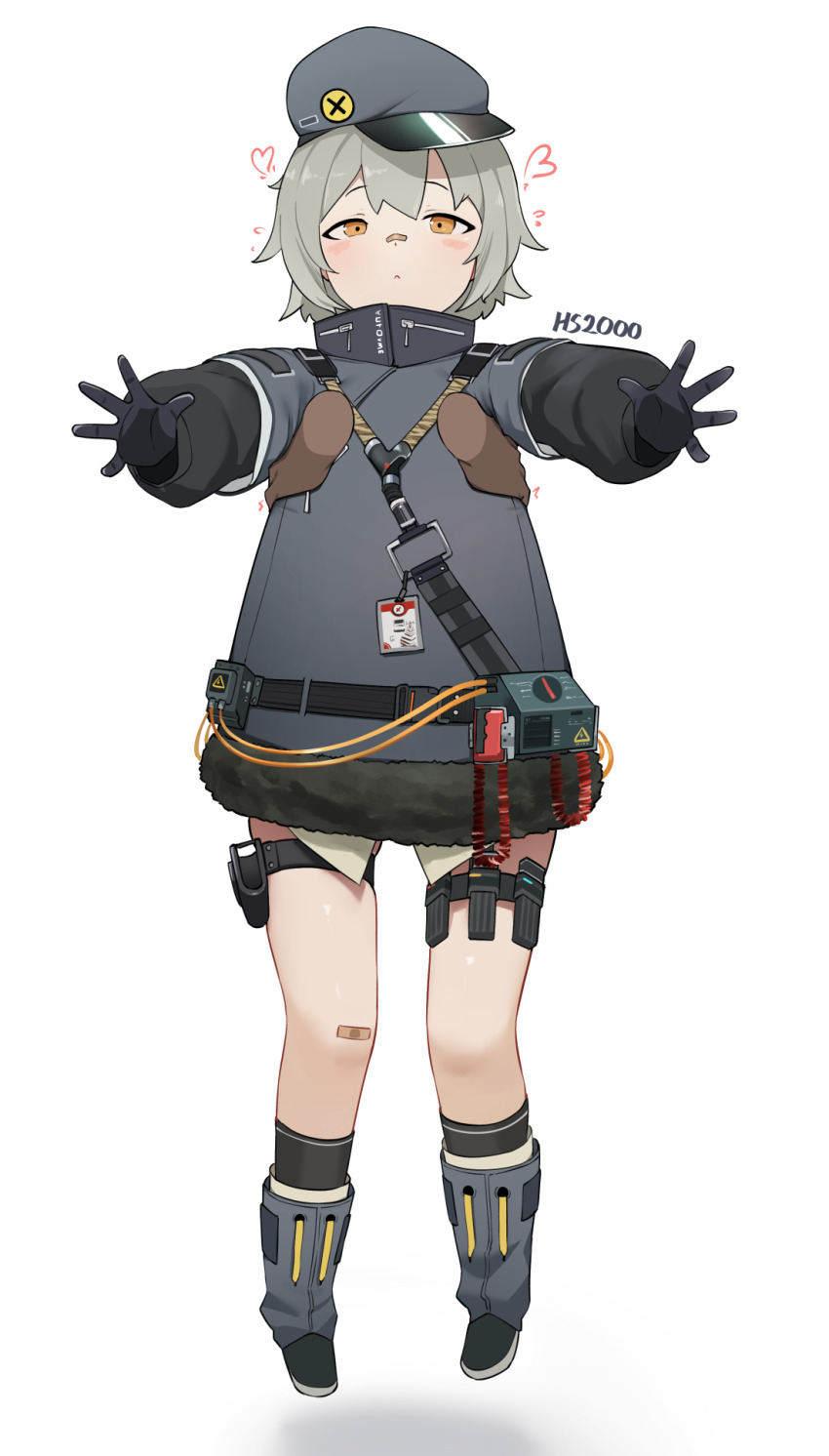 1girl armpit_carry bandaid bandaid_on_face bandaid_on_knee bandaid_on_leg bandaid_on_nose black_coat black_gloves black_socks boots coat daebom defibrillator full_body fur-trimmed_coat fur_trim girls&#039;_frontline gloves grey_hair hat heart highres hs2000_(girls&#039;_frontline) id_card lifting_person orange_eyes pouch pov pov_hands socks thigh_strap
