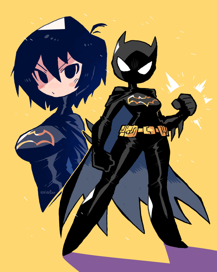 1girl absurdres animification batgirl batgirl_costume_(1999) batman_(series) belt black_bodysuit black_eyes black_gloves black_hair bodysuit breasts cape cassandra_cain clenched_hands dc_comics full_body gloves highres looking_at_viewer mask medium_breasts no_mask rariatto_(ganguri) short_hair simple_background solo standing superhero_costume utility_belt white_eyes yellow_background