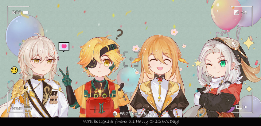 4boys :d ;) ? ^_^ aged_down aqua_background armor baiguigelierwan balloon black_capelet black_jacket black_sash black_shirt blonde_hair boneless_carp_(the_tale_of_food) brown_hair buddha&#039;s_temptation_(the_tale_of_food) cape capelet changpao children&#039;s_day chinese_clothes closed_eyes closed_mouth confetti crab_in_orange_(the_tale_of_food) crossed_arms curtained_hair double-parted_bangs dragon_print english_text eyepatch flower_symbol green_eyes hair_between_eyes hair_ornament heart highres hood hood_up hooded_jacket jacket long_bangs long_hair long_sleeves looking_at_viewer low-tied_sidelocks low_ponytail male_focus mechanical_arms medal medium_hair multiple_boys one_eye_closed open_mouth parted_bangs parted_lips ponytail red_bag red_capelet robe sash shirt short-sleeved_jacket short_sleeves shoulder_armor shoulder_sash sidelocks single_sidelock smile sparkle spoken_heart taking_picture the_tale_of_food turtleneck upper_body v v-shaped_eyebrows viewfinder white_cape white_hair white_jacket white_robe white_shirt wing_hair_ornament yellow_jacket