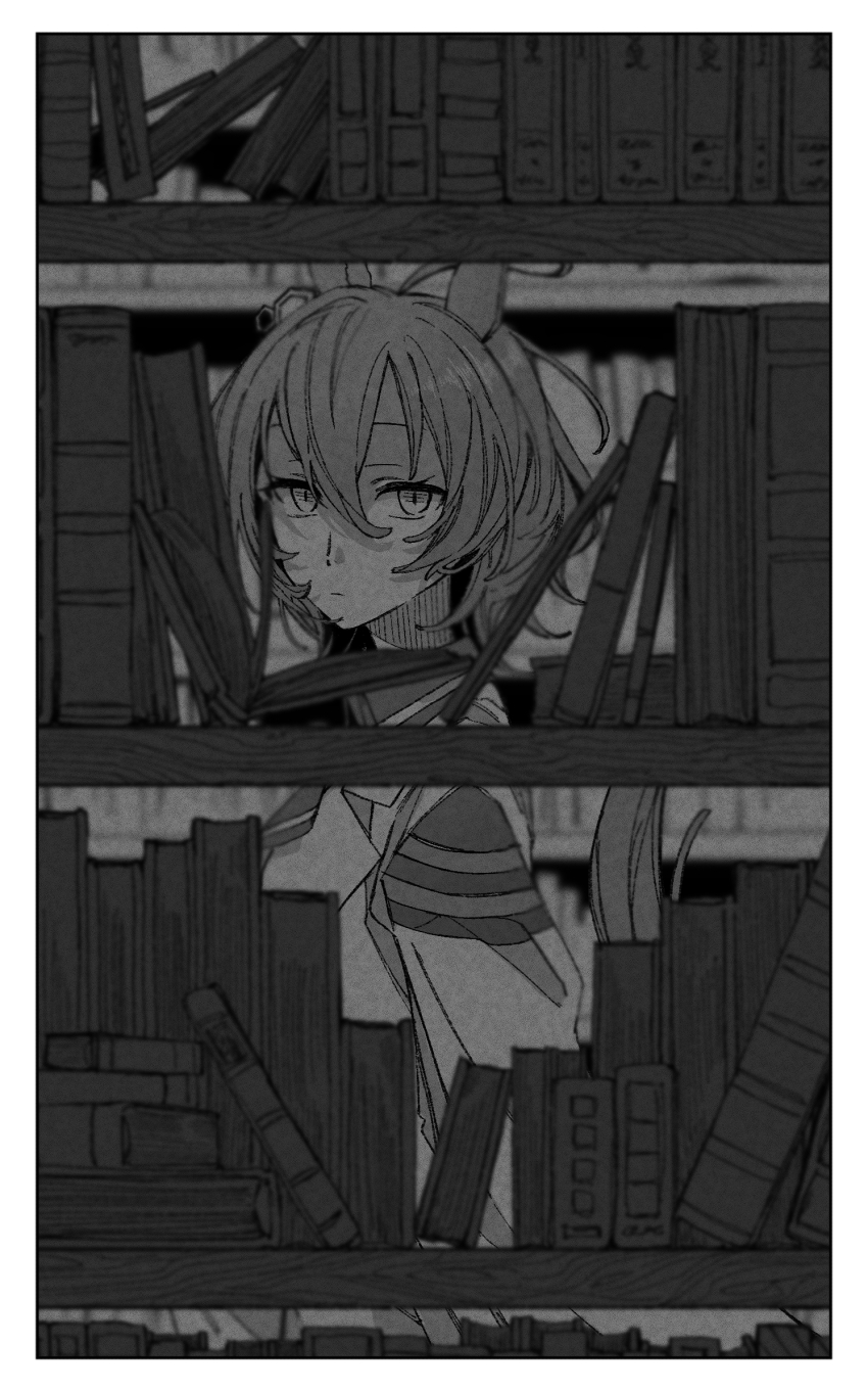 1girl agnes_tachyon_(tach-nology)_(umamusume) agnes_tachyon_(umamusume) animal_ears book bookshelf bookshelf_pov border closed_mouth collared_shirt commentary_request expressionless film_grain from_side greyscale hair_between_eyes highres horse_ears horse_girl horse_tail indoors lab_coat library looking_at_viewer looking_to_the_side monochrome necktie shirt short_hair short_necktie solo tail tail_raised umamusume upper_body yezi_(yo10ru29ko)