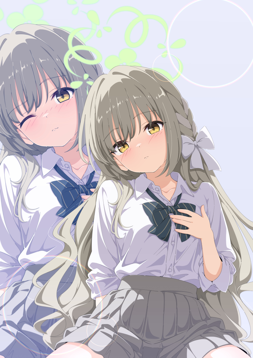 1girl absurdres blue_archive blush bow bowtie braid breasts closed_mouth collarbone collared_shirt commentary different_zoom_layer green_bow green_bowtie green_eyes green_halo grey_background grey_hair grey_skirt hair_bow halo hand_on_own_chest highres kame_(nokonoko10271) lens_flare long_hair looking_at_viewer medium_breasts miyo_(blue_archive) one_eye_closed pleated_skirt school_uniform shirt skirt sleeves_rolled_up striped_bow striped_bowtie striped_clothes wavy_hair white_bow white_shirt yellow_eyes zoom_layer