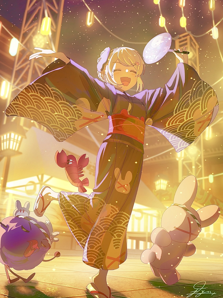 1girl absurdres alternate_hairstyle arms_up backlighting blonde_hair blurry blurry_background braid breasts commentary commentary_request depth_of_field english_commentary eyelashes fang feet full_body grey_kimono hair_ornament highres holding japanese_clothes jdge kimono lamp lamppost lobster medium_hair mixed-language_commentary nail_polish natori_sana natori_sana_(yukata) night obi open_mouth outdoors print_kimono red_sash sana_channel sandals sash shadow sidelocks signature skin_fang small_breasts standing standing_on_one_leg stuffed_animal stuffed_rabbit stuffed_toy summer_festival swept_bangs tile_floor tiles toenail_polish toenails toes tongue virtual_youtuber wide_sleeves yukata zouri