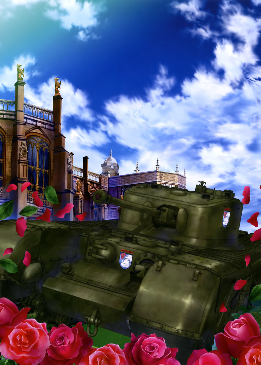 10s absurdres bed_of_roses churchill_(tank) cloud cloudy_sky day emblem flower girls_und_panzer highres location_request military military_vehicle motor_vehicle no_humans official_art outdoors rose sky st._gloriana&#039;s_(emblem) tank vehicle_focus
