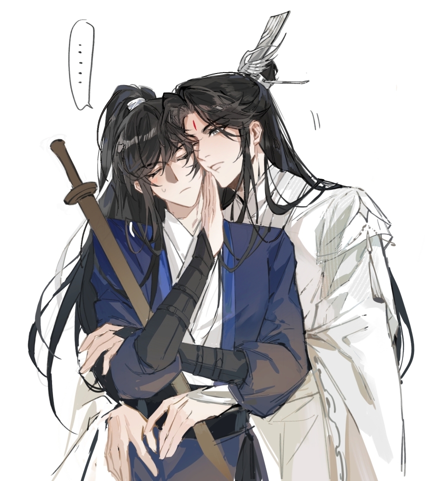 ... 2boys black_hair black_sash blue_hanfu blush cheek_press cheng_qian chinese_clothes closed_eyes closed_mouth cowboy_shot elderberrywine grey_eyes hair_ribbon hand_on_another&#039;s_chin hanfu high_ponytail highres holding holding_sword holding_weapon hug liu_yao long_hair long_sleeves looking_at_another male_focus motion_lines multiple_boys one_eye_closed ponytail pushing_away ribbon sash simple_background spoken_ellipsis sweatdrop sword tassel topknot weapon white_background white_hanfu white_ribbon wide_sleeves wooden_sword xiao_guan_(headdress) yan_zhengming yaoi
