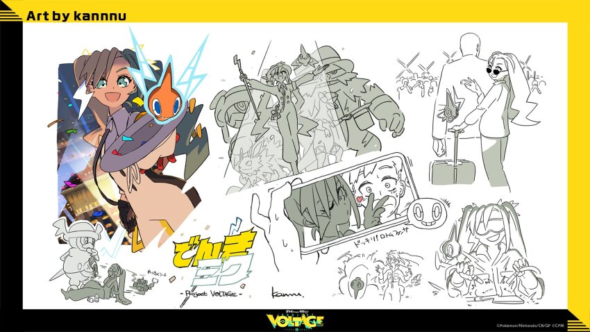 1girl 2boys 5others ^_^ armband asymmetrical_gloves blowing_kiss blush boots bow bowtie brown_hair cane check_commentary closed_eyes collared_shirt commentary_request confetti electivire electric_miku_(project_voltage) explosion formal_clothes from_behind full_body gen_1_pokemon gen_4_pokemon gen_6_pokemon gen_8_pokemon gloves goggles green_hair hair_ornament hairclip hat hatsune_miku heart heliolisk highres holding holding_cane holding_luggage holding_phone jolteon jumpsuit lightning_bolt_symbol looking_back mismatched_gloves mr._rime multicolored_hair multiple_boys multiple_others nintendo official_art one_eye_closed open_mouth phone poke_ball pokemon pokemon_(creature) project_voltage reference_sheet rotom rotom_(fan) rotom_(frost) shirt signature siirakannu smile suit sunglasses sweat top_hat translation_request twintails two-tone_hair unworn_headwear vocaloid waist_poke_ball waving white_headwear white_jumpsuit wide-eyed yellow_armband