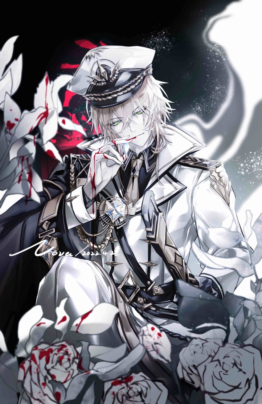 1boy absurdres aiguillette alkaid_mcgrath alkaid_mcgrath_(infinite_empire) belt bite_mark bite_mark_on_hand black_cape black_shirt blonde_hair blood blood_on_flower blood_on_hands blood_on_mouth buttons cape coat collared_shirt commentary diamond_button double-breasted emblem english_commentary feet_out_of_frame flower gem green_eyes hair_between_eyes hand_to_own_mouth hat head_tilt highres holding holding_gem holding_sword holding_weapon knee_up lapels light_particles lily_(flower) long_sleeves looking_at_viewer lovebrush_chronicles male_focus medium_hair military_hat military_uniform muted_color necktie nnnnnova notched_lapels pants parted_lips peaked_cap procreate_(medium) rose sam_browne_belt sheath sheathed shirt side_cape sitting smile smirk solo sword weapon white_coat white_flower white_lily white_pants white_rose yellow_necktie