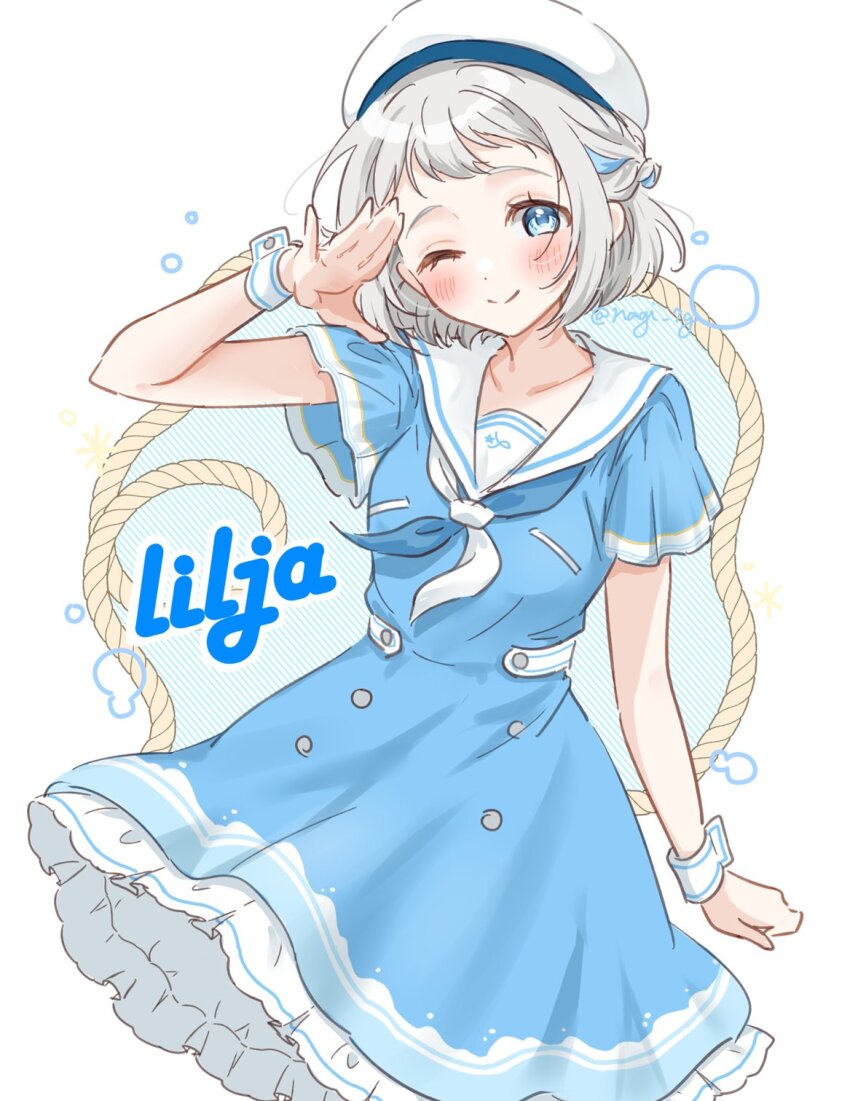 1girl beret blue_dress blue_eyes blue_ribbon blush braid collarbone dress frilled_dress frills gakuen_idolmaster grey_hair hair_ribbon half_up_braid hat head_tilt highres idolmaster katsuragi_lilja looking_at_viewer nagi_7g neckerchief one_eye_closed ribbon ribbon_braid rope sailor_collar sailor_dress sailor_hat salute short_hair short_sleeves smile solo split_mouth twitter_username white_background white_hat wrist_cuffs