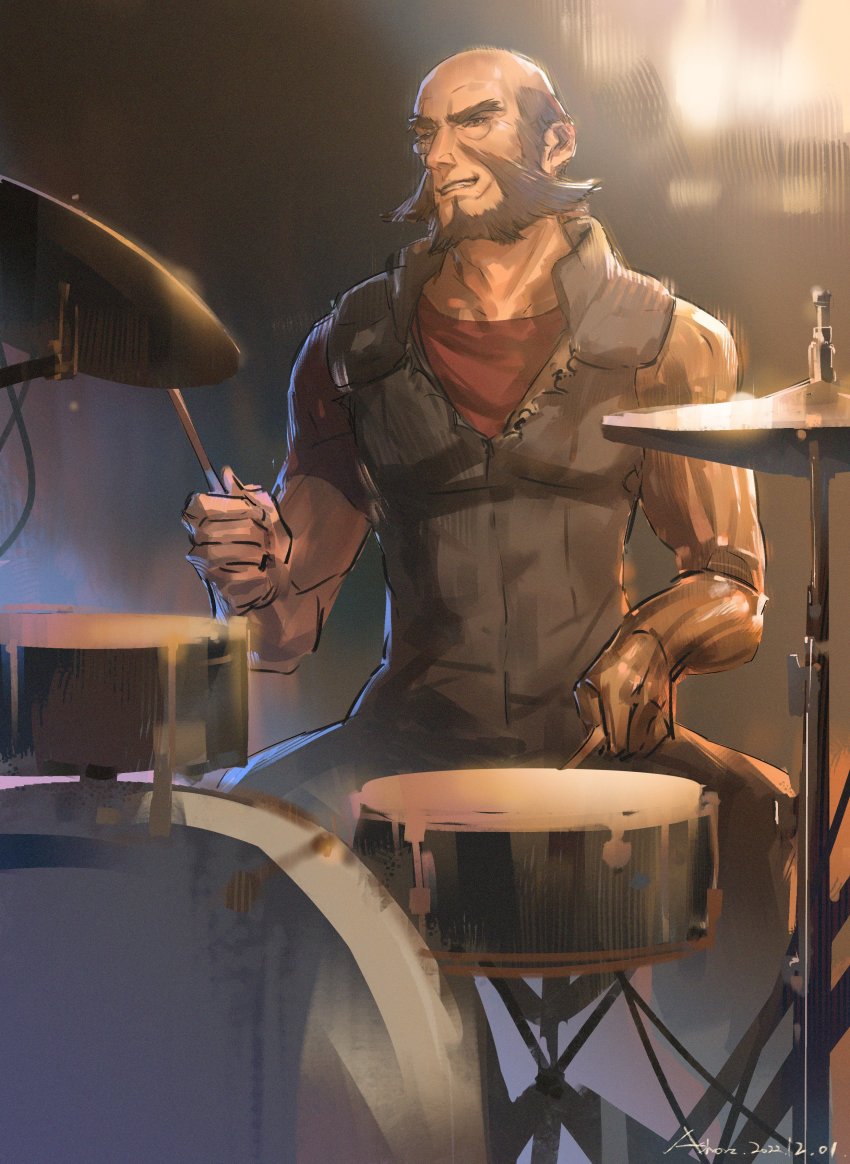 1boy absurdres ashorz bald cowboy_bebop drum drumsticks highres instrument jet_black manly mature_male muscular muscular_male prosthesis prosthetic_arm red_shirt scar scar_across_eye scar_on_face shirt solo