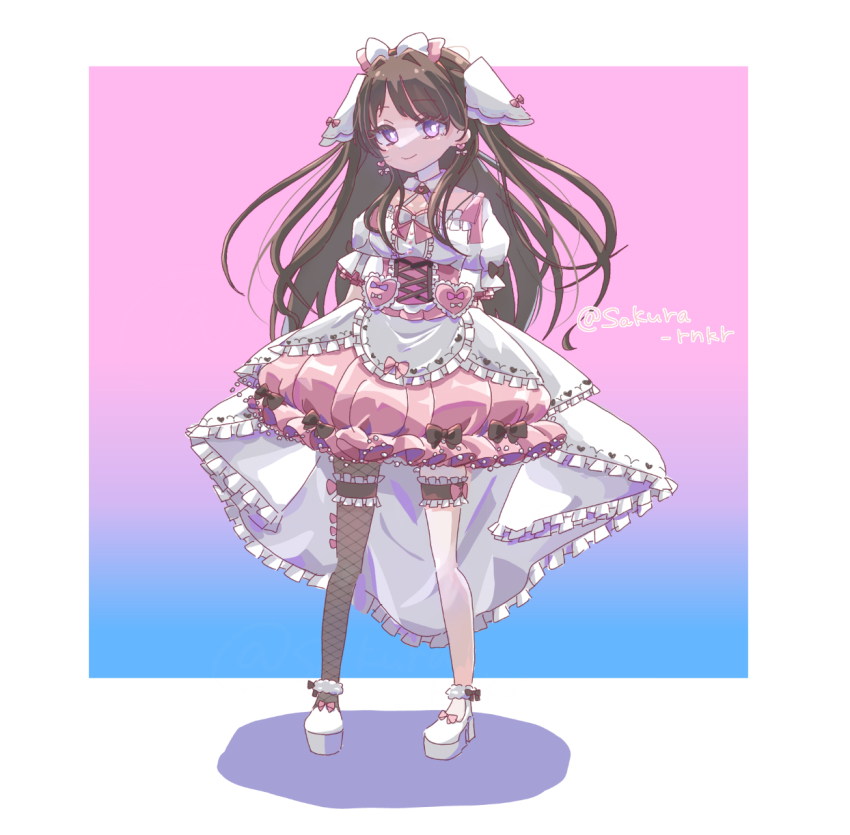 1girl blue_background border bow brown_hair closed_mouth commentary cross-laced_clothes cross-laced_dress dress fake_head_wings fishnet_pantyhose fishnets frilled_dress frilled_thigh_strap frills fujishima_megumi full_body gradient_background hair_bow highres link!_like!_love_live! long_hair looking_at_viewer love_live! official_alternate_costume outside_border pantyhose pink_background pink_dress platform_shoes purple_eyes sakura_rnkr shadow shoes short_dress single_leg_pantyhose solo standing thigh_strap twitter_username two-tone_background very_long_hair virtual_youtuber white_border white_bow white_shoes yappa_tenshi!