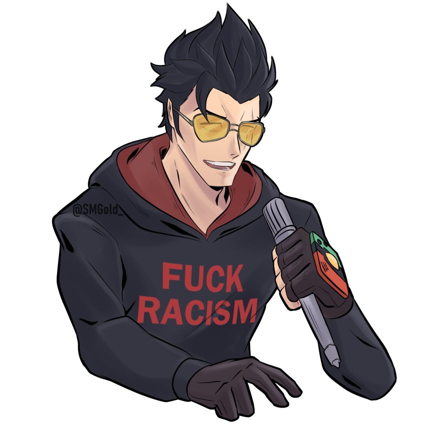 1boy absurdres asymmetrical_gloves black_hair closed_eyes clothes_writing commentary cropped_torso english_text fingerless_gloves gloves highres holding holding_microphone hood jacket looking_at_viewer male_focus microphone no_more_heroes no_more_heroes_3 open_mouth profanity short_hair simple_background smgold smile solo spiked_hair sunglasses tinted_eyewear travis_touchdown upper_body white_background yellow-tinted_eyewear