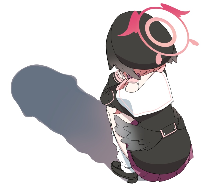 1girl black_hat black_shirt black_shoes black_wings blue_archive cat_shadow_puppet_(meme) facing_away halo hat hato_haru head_wings highres koharu_(blue_archive) penis_shadow pink_hair pink_halo red_skirt sexually_suggestive shadow shirt shoes simple_background skirt socks solo squatting white_background white_socks wings
