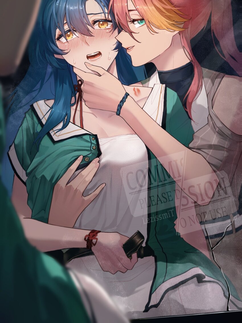 2girls bare_shoulders blue_hair blush breasts commentary commission detached_sleeves eiyuu_densetsu embarrassed english_commentary english_text grabbing_another&#039;s_breast green_eyes groping hair_between_eyes highres jacket judith_lanster kuro_no_kiseki_(series) large_breasts lezissmitozer lipstick_mark long_hair looking_at_viewer multicolored_hair multiple_girls nina_fenly open_mouth parted_bangs pink_hair ponytail short_sleeves sidelocks streaked_hair sweatdrop two-tone_hair vgen_commission watermark yellow_eyes yuri
