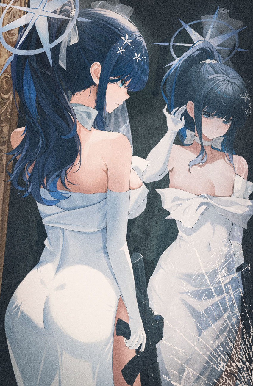 1girl absurdres ass assault_rifle black_hair blue_archive blue_eyes blue_hair blue_halo breasts choker cleavage closed_mouth colored_inner_hair dongyu dress elbow_gloves gloves gun halo highres holding holding_gun holding_weapon large_breasts long_hair mirror multicolored_hair official_alternate_costume reflection rifle saori_(blue_archive) saori_(dress)_(blue_archive) sig_516 sig_sauer solo strapless strapless_dress weapon white_choker white_dress white_gloves