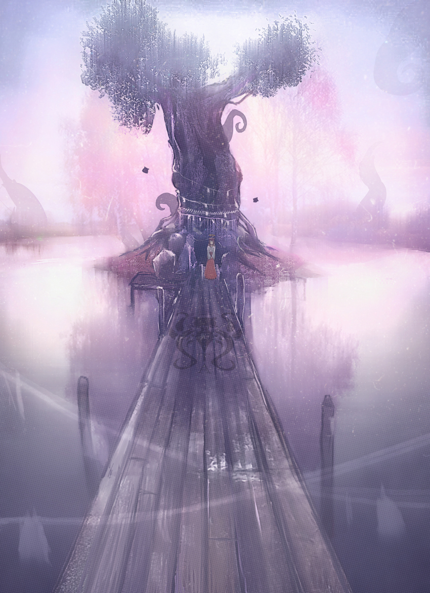 1girl alternate_costume bridge commentary eldritch_abomination english_commentary floating hakama hakama_skirt halo highres hololive hololive_english japanese_clothes lake landscape long_hair miko ninomae_ina&#039;nis octopus ofuda outdoors rope scenery shimenawa skirt solo symbol takodachi_(ninomae_ina&#039;nis) taku_artworks tentacle_hair tentacles tree virtual_youtuber water when_you_see_it