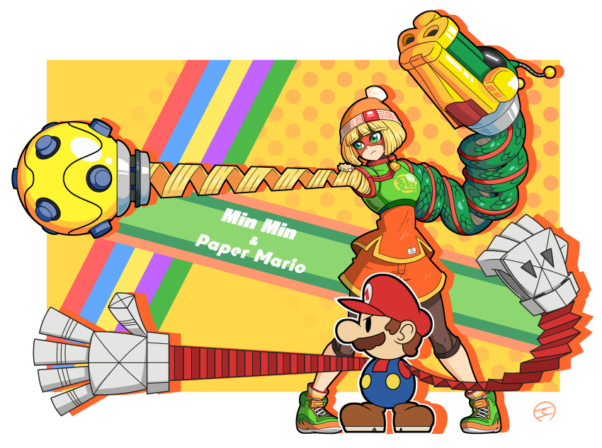 1boy 1girl @_@ absurdres arms_(game) beanie blonde_hair bob_cut brown_hair brown_shoes clochan_(dongin1228) crossover dragon_(arms) eye_mask facial_hair green_eyes green_shoes hat highres leggings_under_shorts mario mario_(series) megawatt_(arms) min_min_(arms) mustache nintendo orange_shirt orange_shorts outside_border paper_mario paper_mario:_the_origami_king paper_mario_(character) red_hat shirt shoes short_hair shorts extendable_limbs