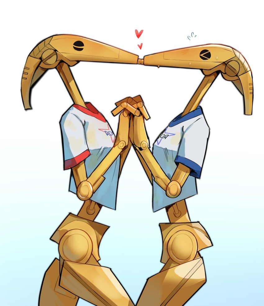 &gt;_&lt; absurdres b1_battle_droid blush commentary droid english_commentary flying_sweatdrops heart highres holding_hands interlocked_fingers kiss shirt sky_guy_art star_wars t-shirt white_shirt