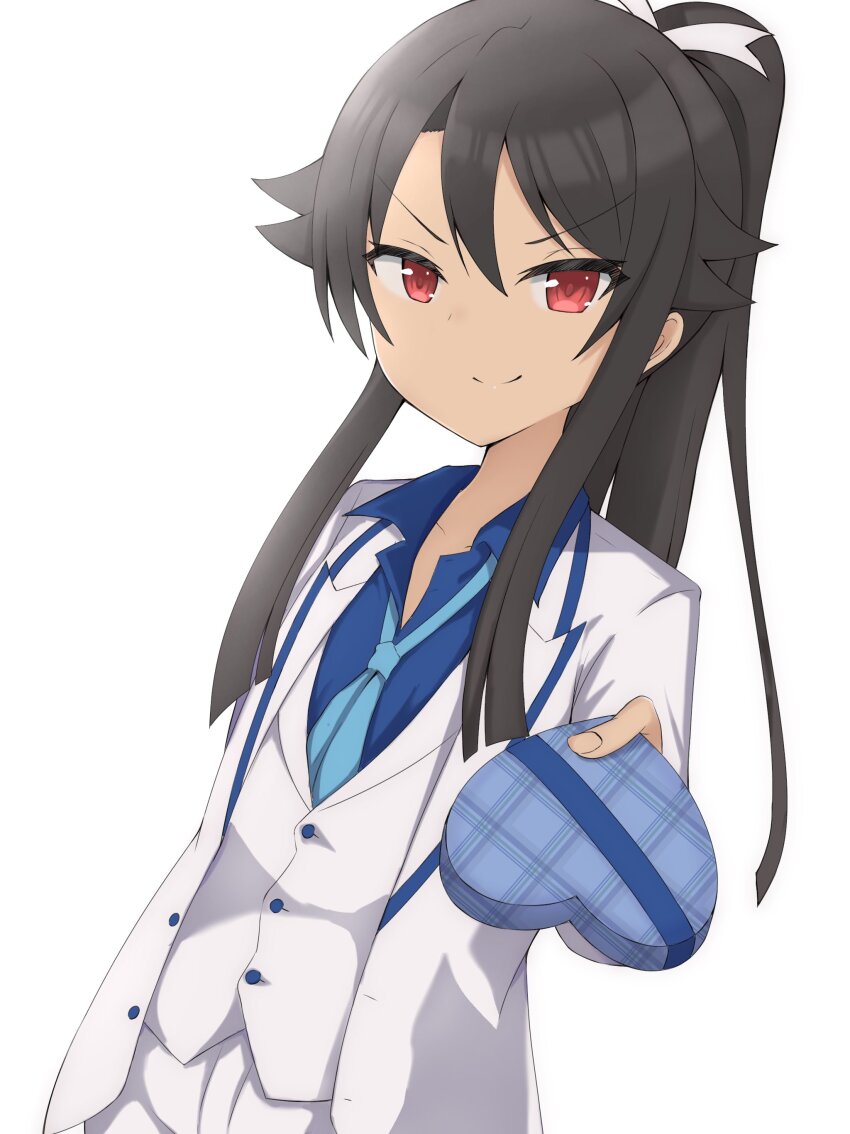 1girl absurdres black_hair blue_shirt box collared_shirt crossdressing crossdressing_(ftm) dress_shirt dutch_angle formal_clothes hair_ribbon heart-shaped_box high_school_fleet highres jacket long_hair looking_at_viewer midorima_bocchi munetani_mashiro pants ponytail red_eyes ribbon shirt simple_background smile solo suit suit_jacket tomboy upper_body vest white_background white_jacket white_pants white_suit white_vest