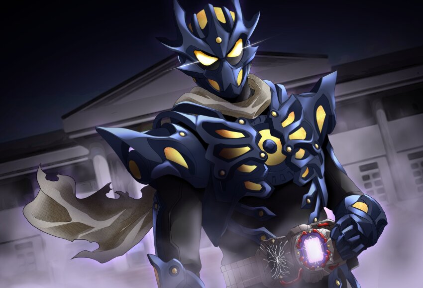 1boy armor black_armor black_bodysuit blue_armor blue_gloves bodysuit building dreadriver rider_belt dutch_angle gauntlets gloves glowing glowing_eyes highres holding kamen_rider kamen_rider_dread kamen_rider_gotchard_(series) looking_at_viewer male_focus miyabi_(037) rider_belt scarf school shoulder_armor skeleton tokusatsu torn_clothes torn_scarf type_zero_form white_scarf yellow_eyes