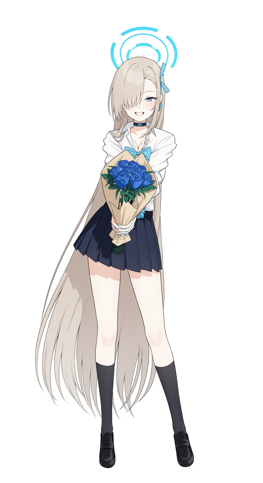 1girl absurdres asuna_(blue_archive) asuna_(school_uniform)_(blue_archive) black_shoes black_skirt black_socks blue_archive blue_bow blue_flower blue_nails blue_ribbon blush bow breasts cleavage commentary flower grin hair_ribbon highres looking_at_viewer mole mole_on_breast official_alternate_costume official_alternate_hairstyle ribbon shirt shoes skirt smile socks solo white_shirt xiangmaofaqijuedou